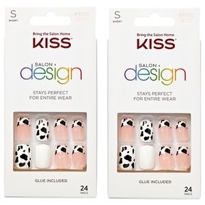 Kiss Salon Design Short Length Cow Print French Manicure Glue On Nails x 2